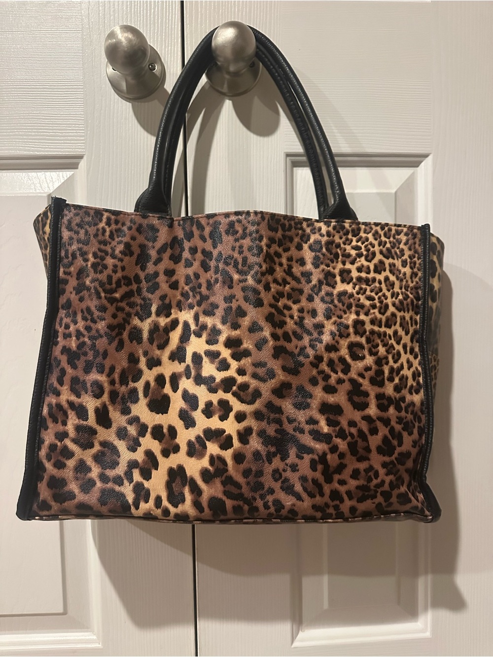 Neiman Marcus Faux Leather Leopard Print Tote Bag with Black Handles and Pockets